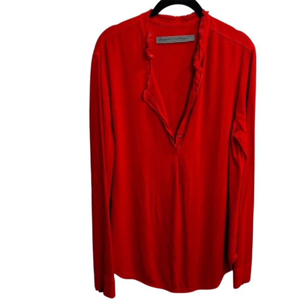 Raquel Allegra Orange Blouse Sz 3 US Large Popover Fringe V Neckline Long Sleeve